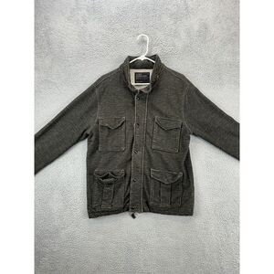 J Crew Jacket Men Medium Olive Green Outerwear Fleece Hideaway Hood Utility Snap